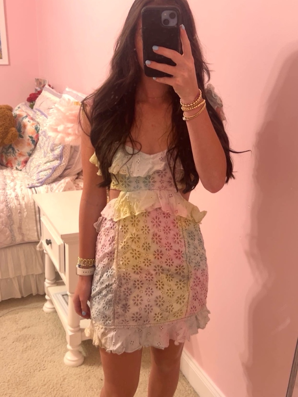 MAJORELLE Pastel Rainbow Eyelet Mini Dress